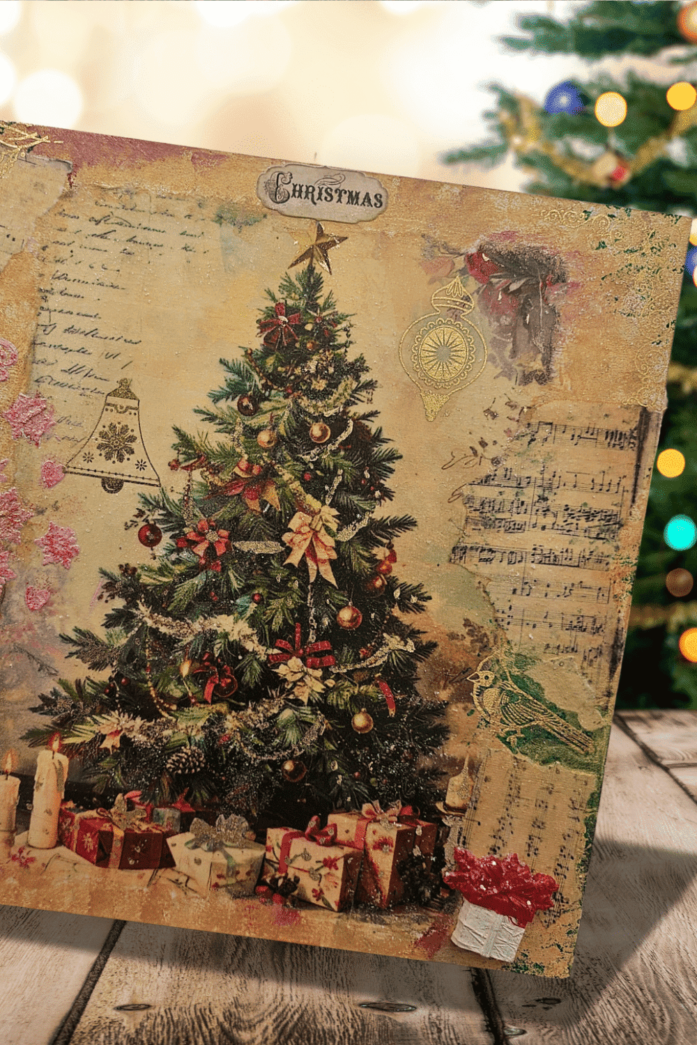 Vintage Christmas Tree Canvas, 12x12 Mixed Media Art