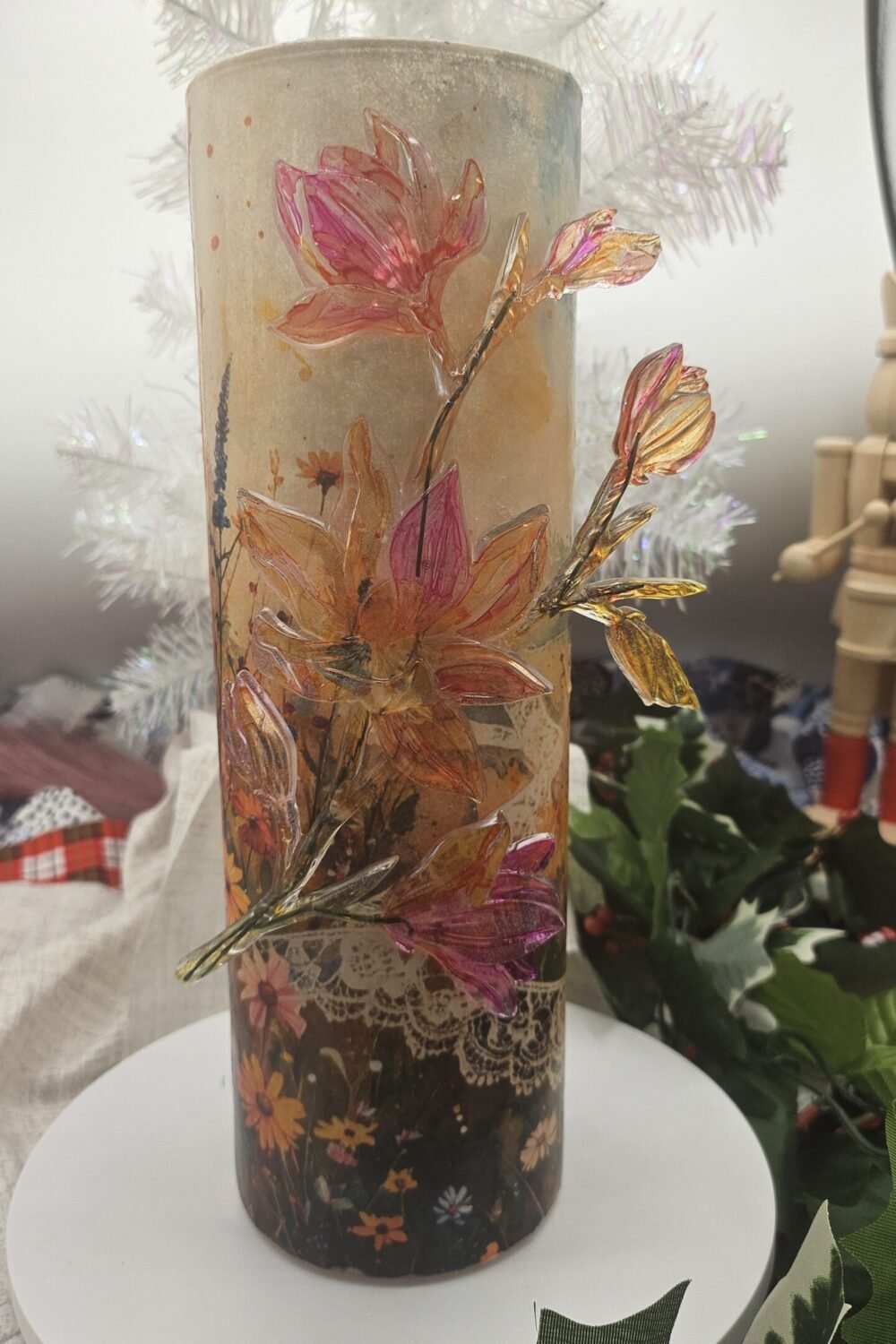 Magnolia Floral Vase – 11” Decoupaged Flower | Handcrafted Rice Paper Art | Rustic Boho