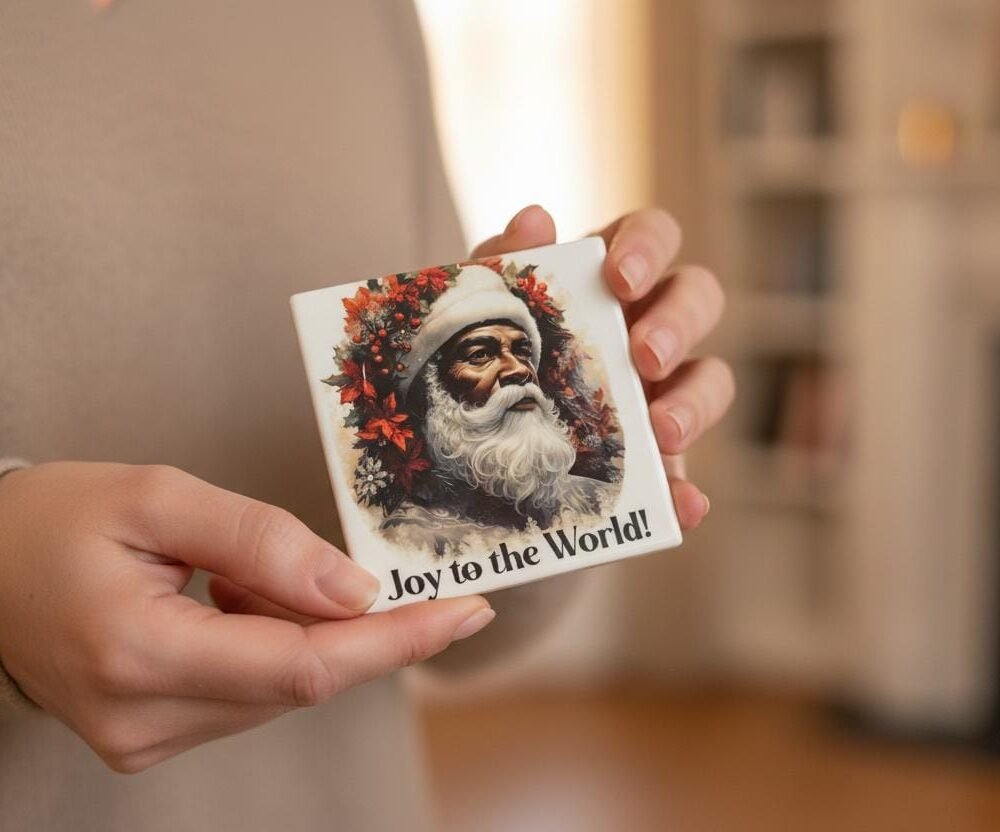 Black Santa Claus Coaster Set – Christmas Holiday Drink Coasters (Set of 2)
