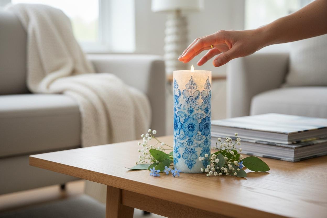 Handmade Floral Lace LED Candle | Shabby Chic Decor, Flameless Blue - Image 2