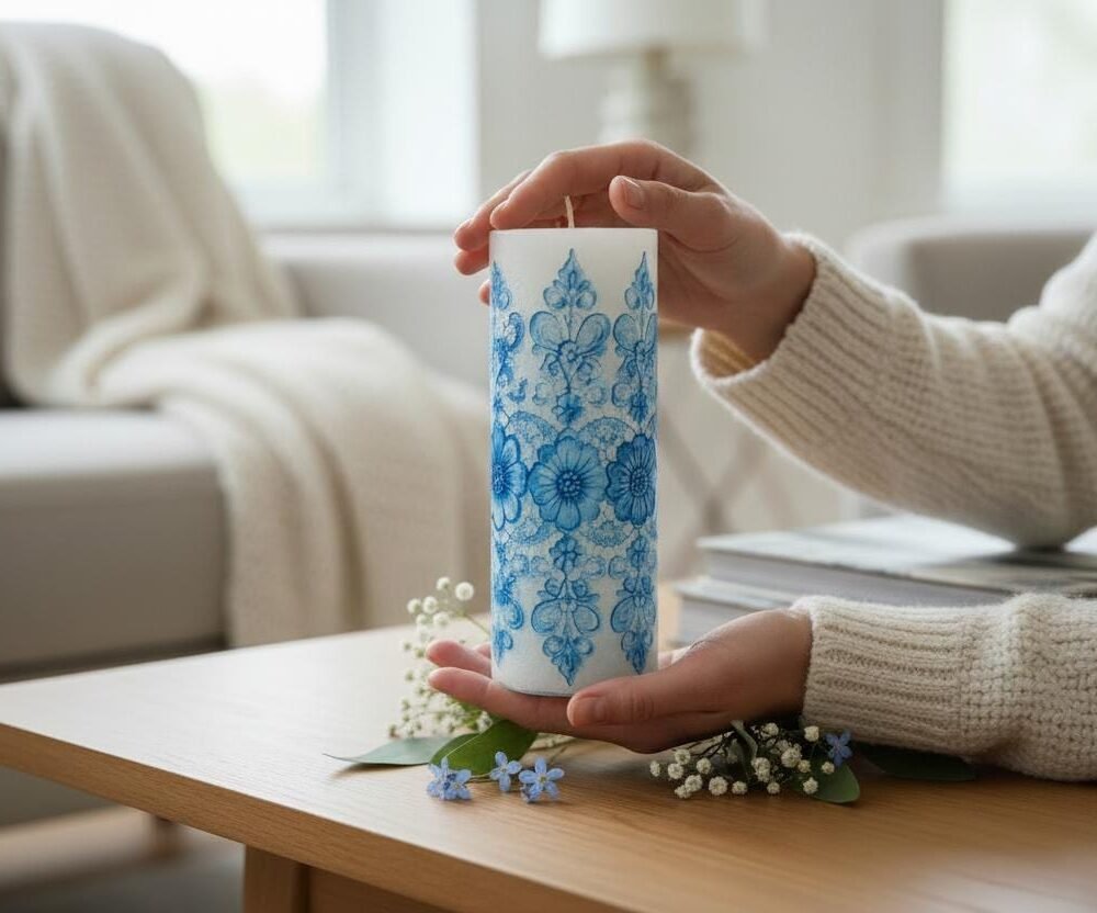 Handmade Floral Lace LED Candle | Shabby Chic Decor, Flameless Blue