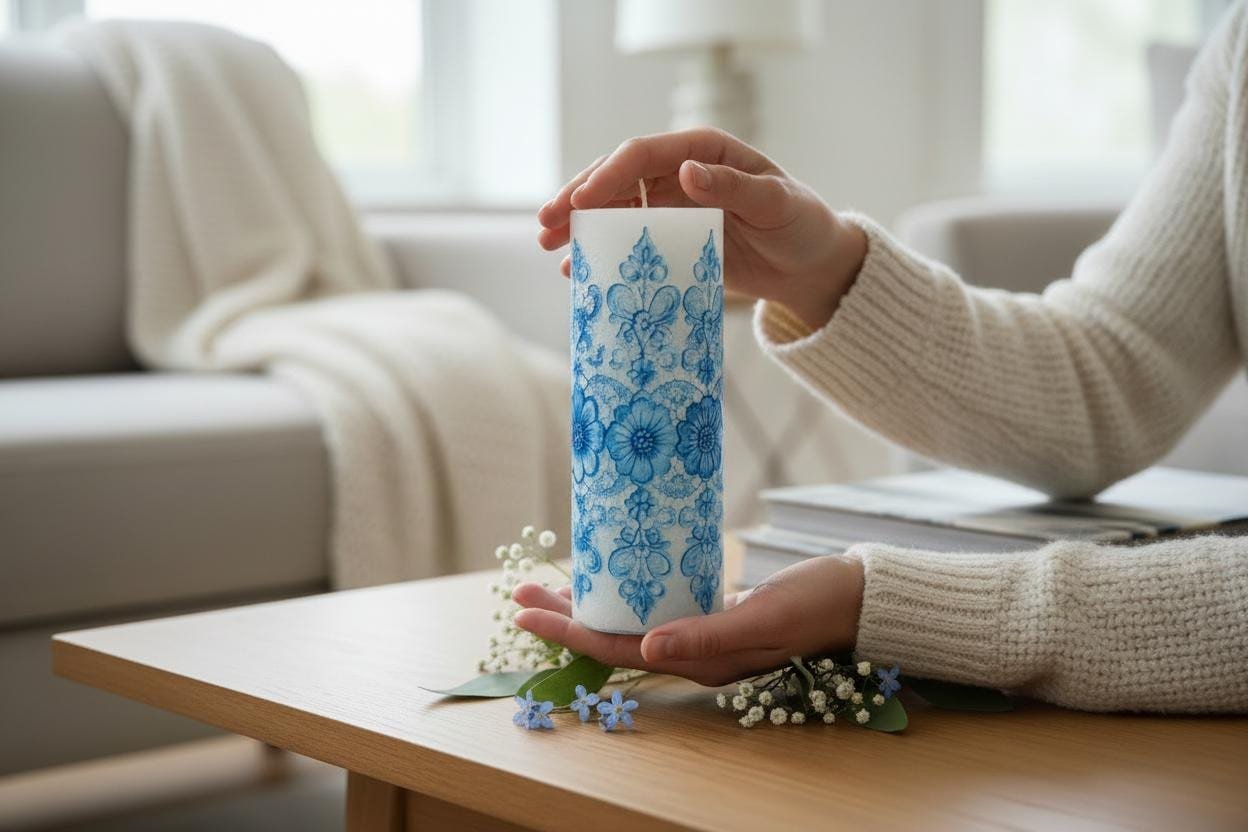 Handmade Floral Lace LED Candle | Shabby Chic Decor, Flameless Blue