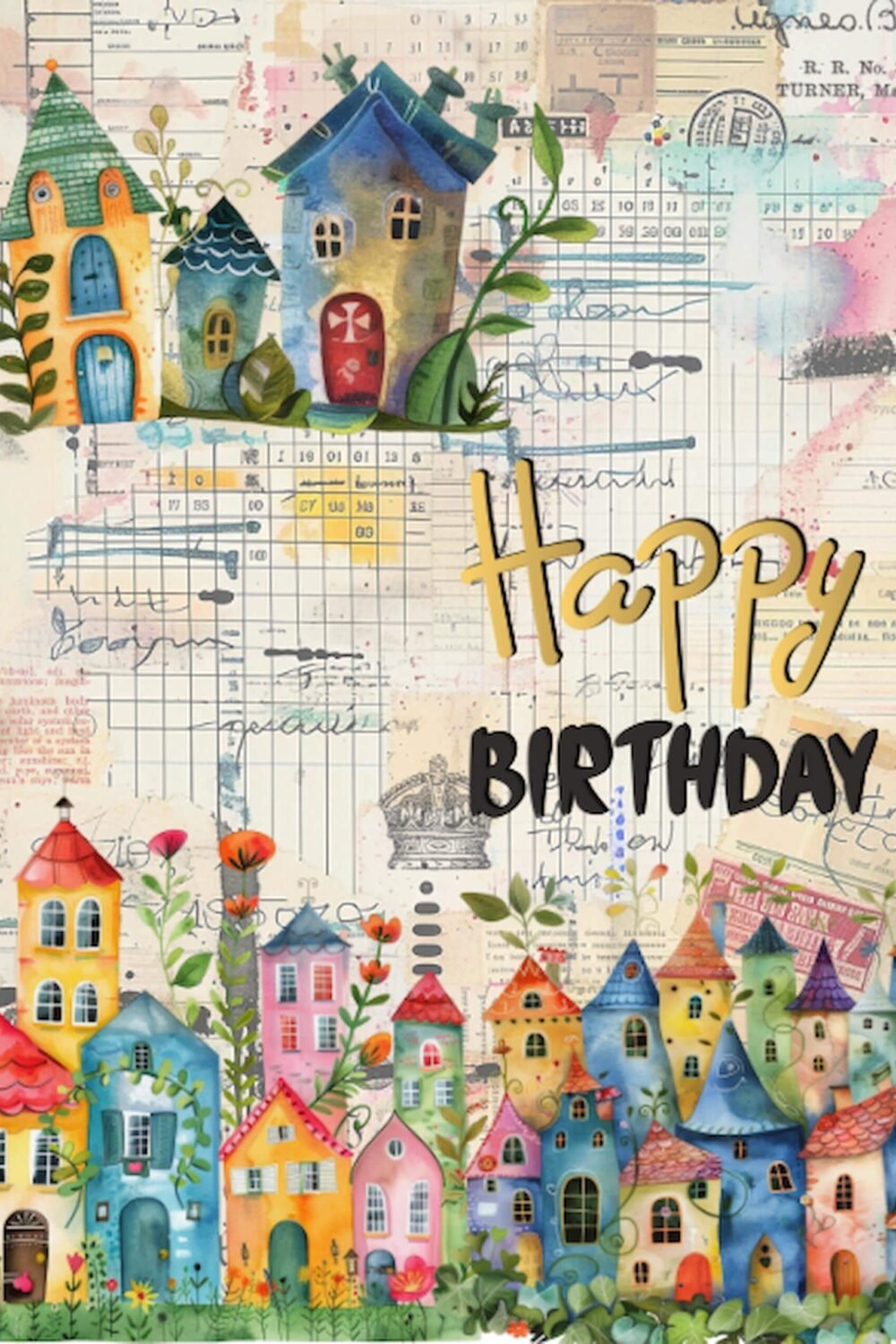 Whimsical Happy Birthday Card | Colorful Storybook Houses | Artistic Greeting Card | Unique Handmade Style