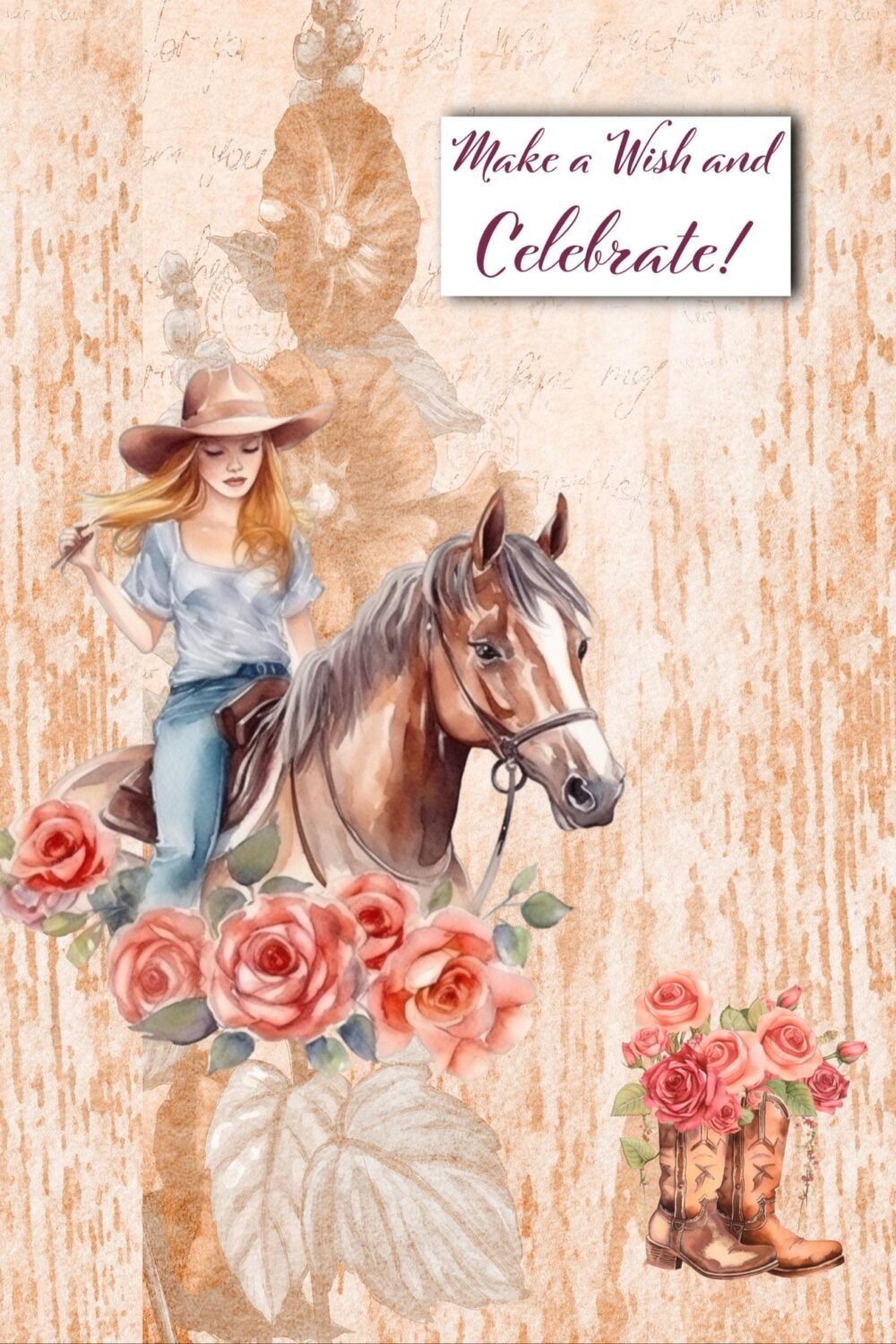 May include: Watercolor illustration of a woman on a brown horse, wearing a cowboy hat and jeans. The image includes roses and cowboy boots, with the text "Make a Wish and Celebrate!" on a white rectangle.