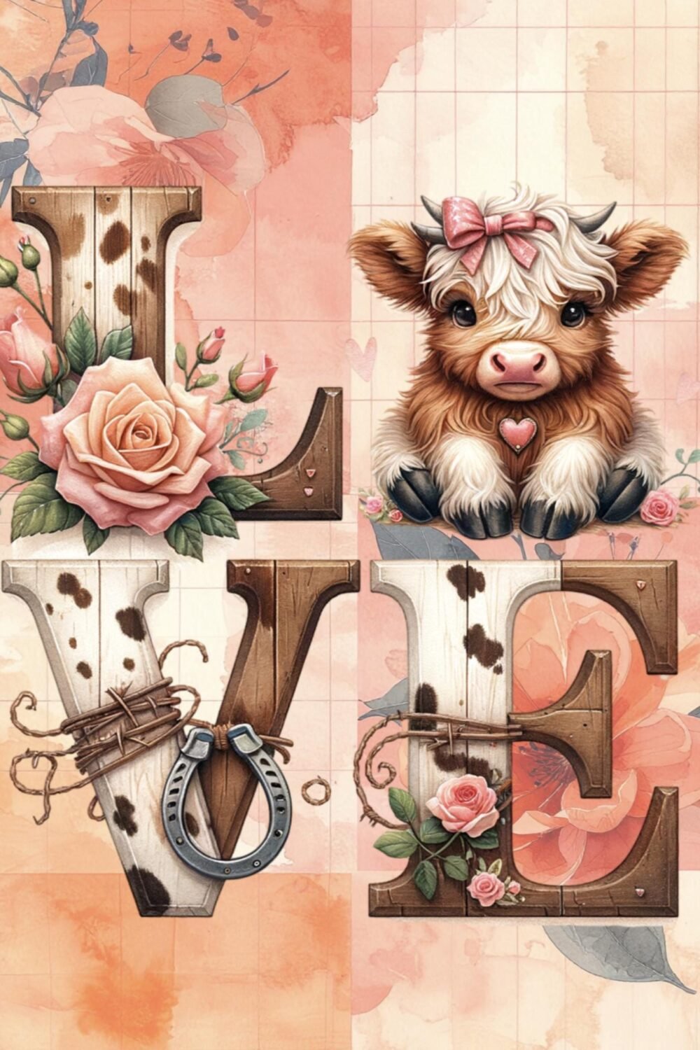 Highland Cow Love Card – Rustic Farmhouse Western Floral Greeting