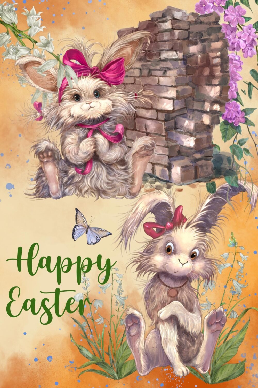 Fluffy Bunny Easter Card | Springtime Bunnies, Flowers, Butterfly Greeting (Blank Inside)