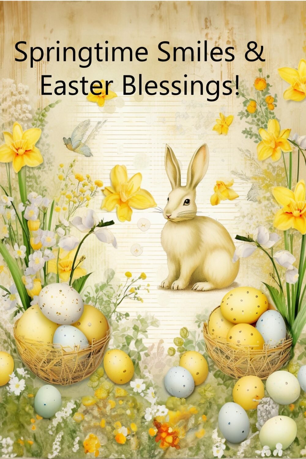 Fluffy Bunny Easter Card | Springtime Bunnies, Flowers, Butterfly Greeting | Easter eggs