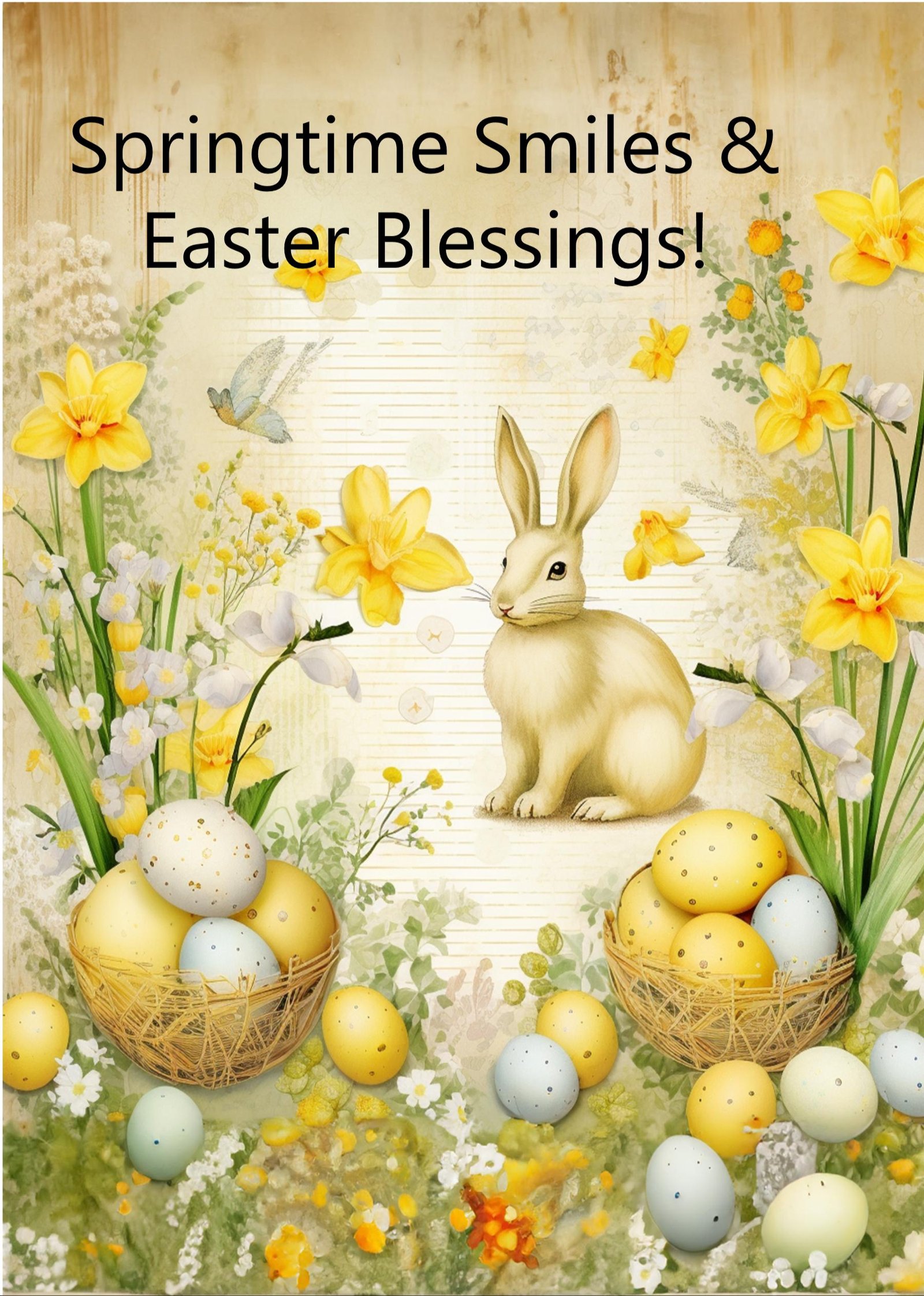Fluffy Bunny Easter Card | Springtime Bunnies, Flowers, Butterfly Greeting | Easter eggs