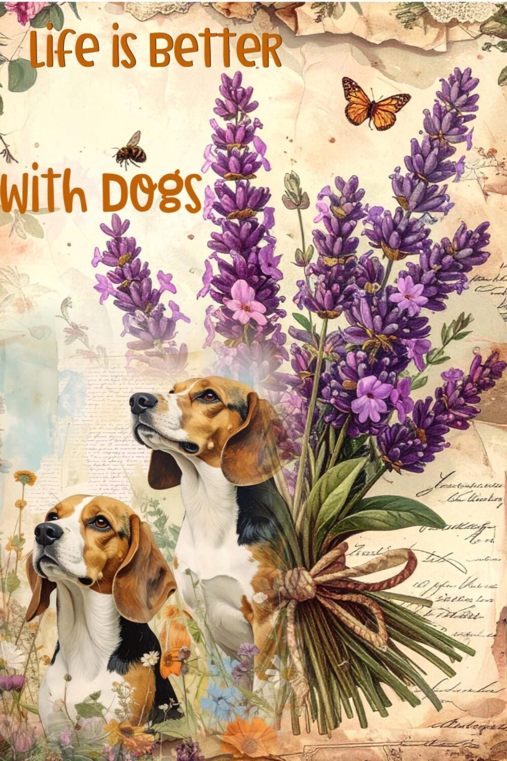 Beagle Dogs Lavender Floral Vintage Greeting Card, Dog Lover Birthday Card