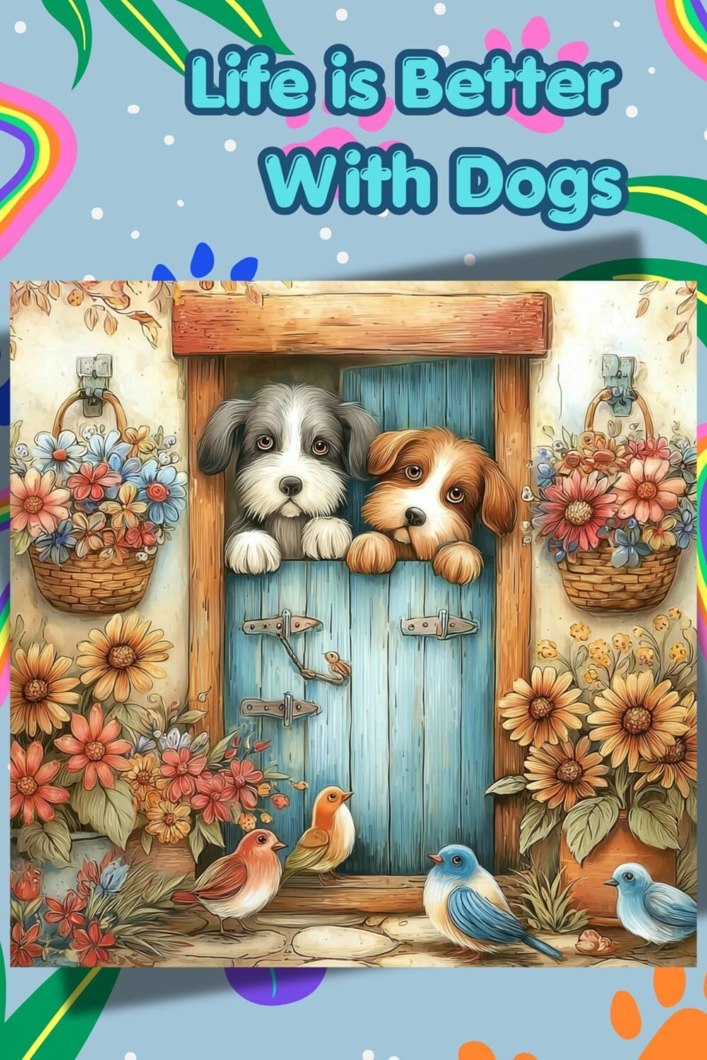 May include: Illustration of two puppies peeking over a blue door, with the text "Life is Better With Dogs" at the top. The scene includes flowers, birds, and a rainbow design, creating a cheerful and inviting aesthetic.