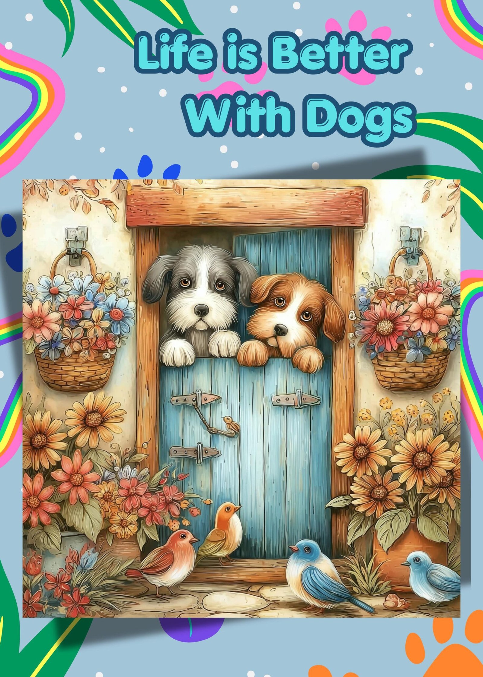 May include: Illustration of two puppies peeking over a blue door, with the text "Life is Better With Dogs" at the top. The scene includes flowers, birds, and a rainbow design, creating a cheerful and inviting aesthetic.