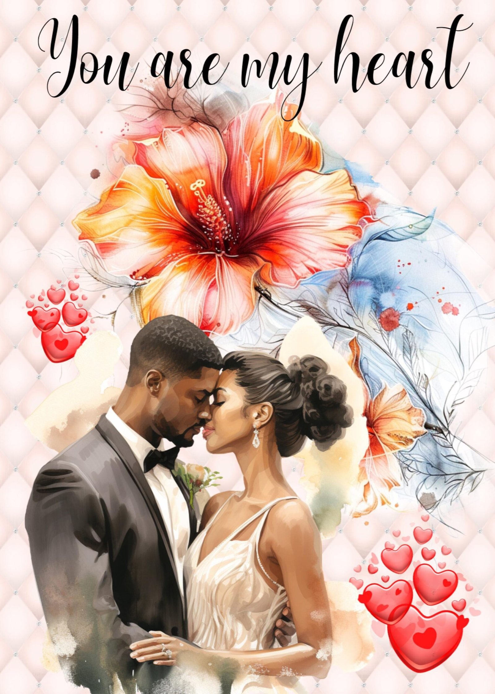May include: Watercolor illustration of a couple embracing, with the text "You are my heart" at the top. The image features a vibrant orange and red flower, blue accents, and floating red hearts.