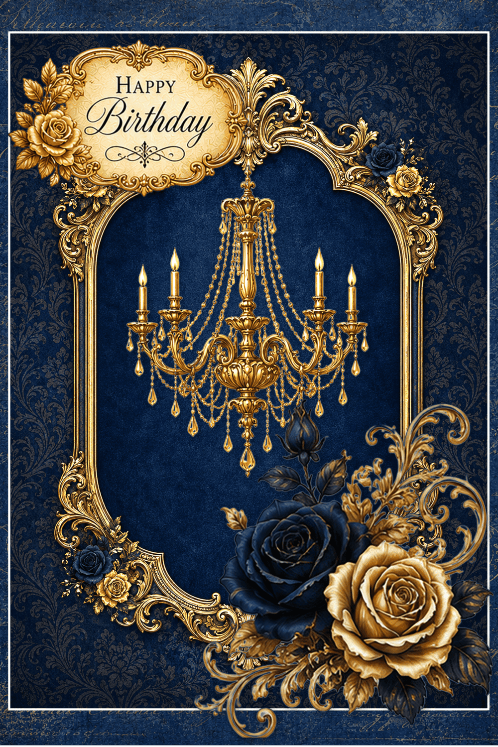 Elegant Navy Blue Gold Floral Birthday Card | Luxury Chandelier Greeting (5x7 inches)