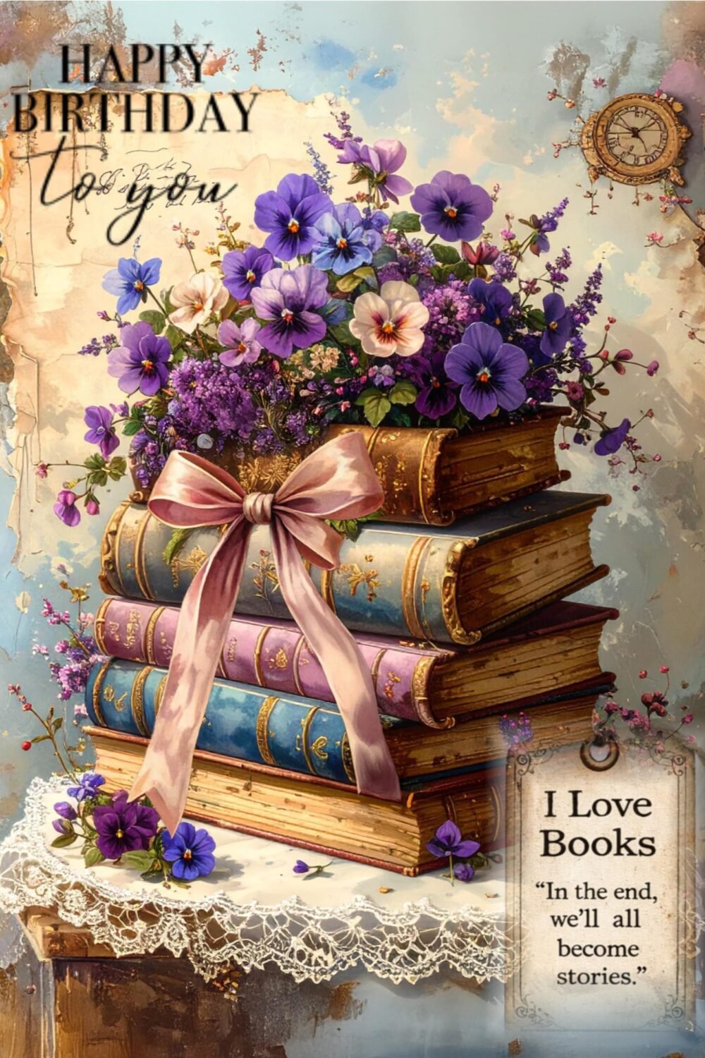 Literary Birthday Card, Floral Antique Books Stack, Whimsical Watercolor Greeting (5x7 Card)