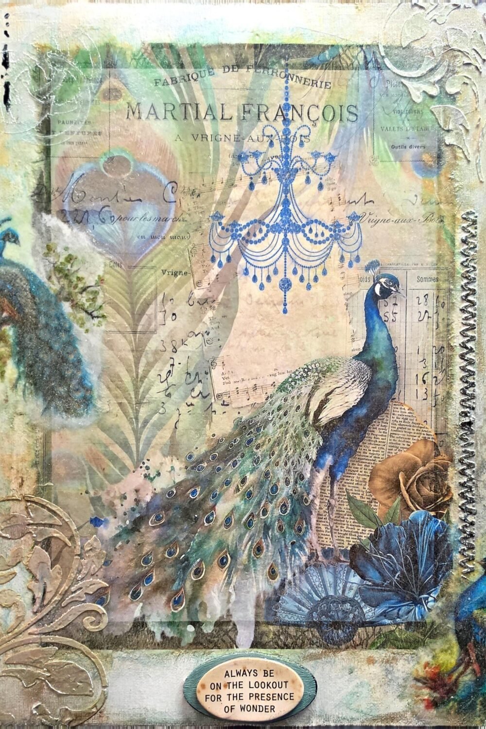 Peacock Mixed Media Artwork | Vintage French Inspired Canvas | 11x14 Elegant Blue Decor