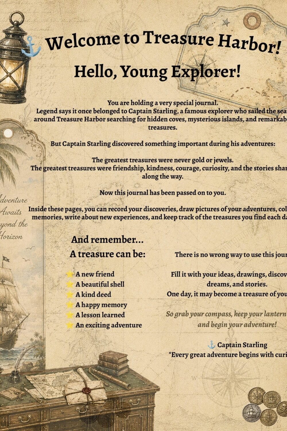 Captain Starling's Explorer Journal | Printable Kids Adventure Journal PDF | Writing & Drawing Journal | Treasure Harbor Tales | Ages 3-8